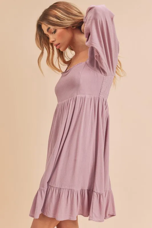 Ruffled Hem Square Neck Balloon Sleeve Mini Dress, image 3