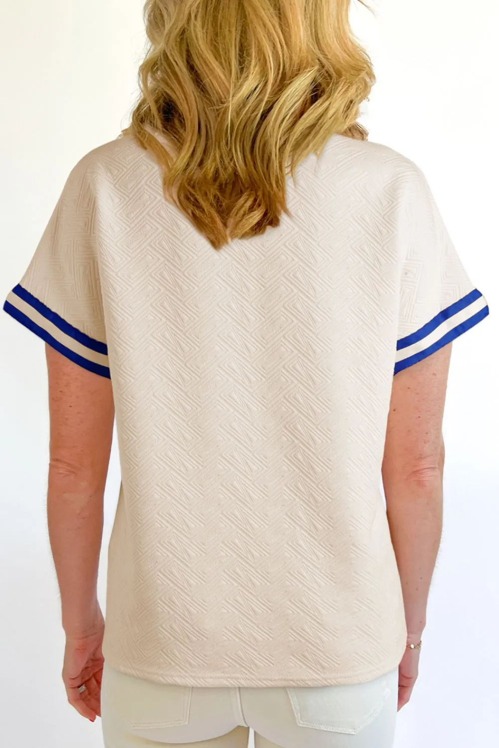 Striped Trim Textured Quarter Zipper Short Sleeve Top, image 7