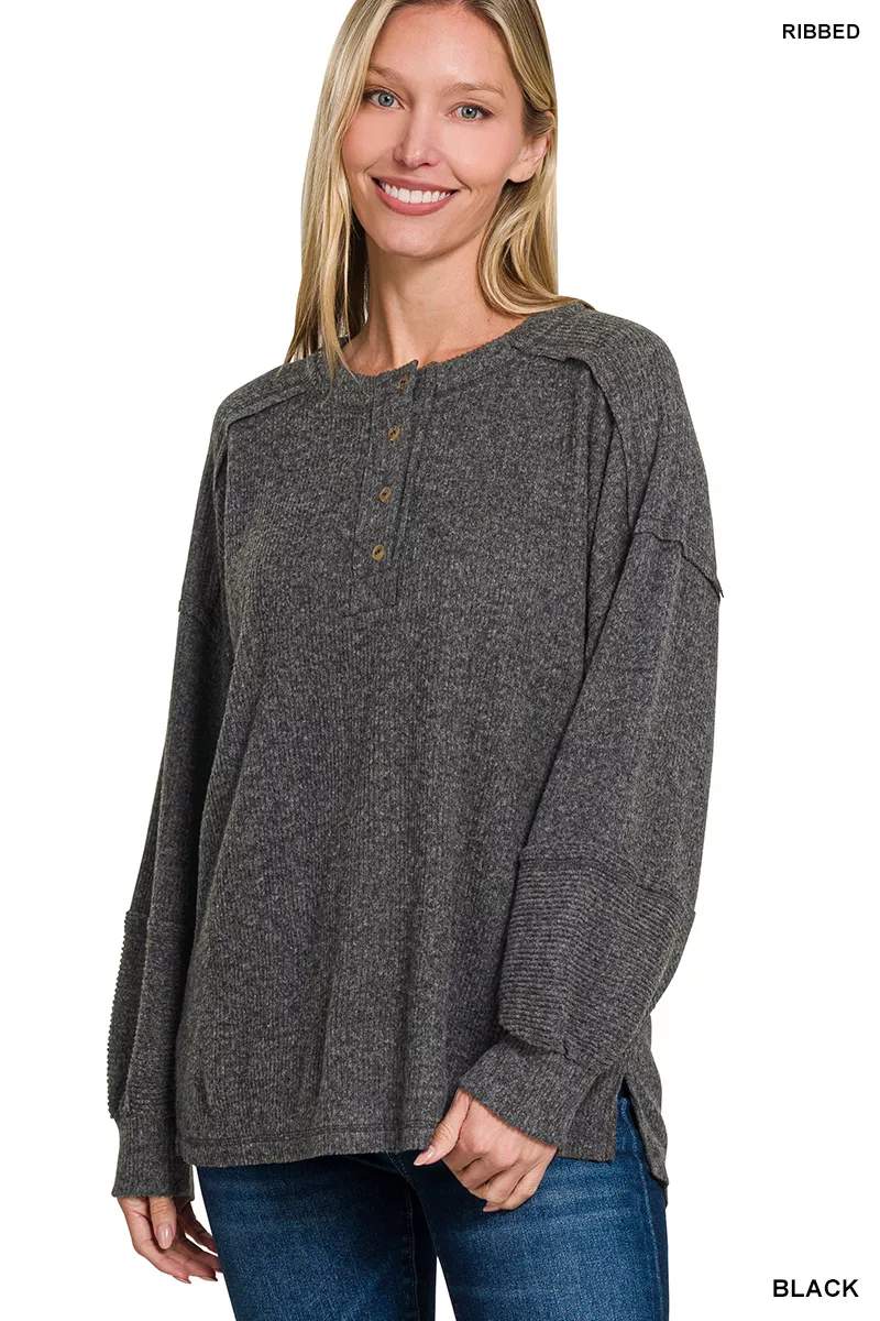 Full Size Ribbed Brushed Hacci Melange Henley Sweater Plus Size