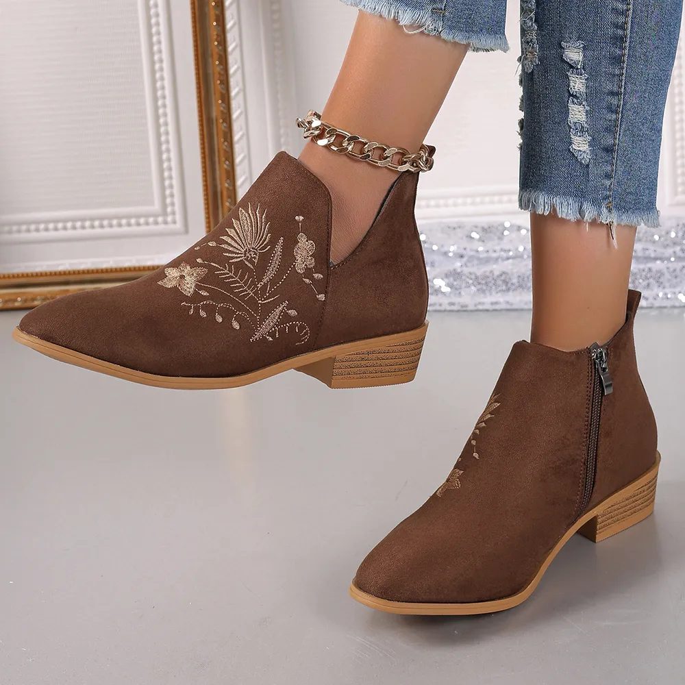 Embroidered Suede Point Toe Block Heel Boots, image 4