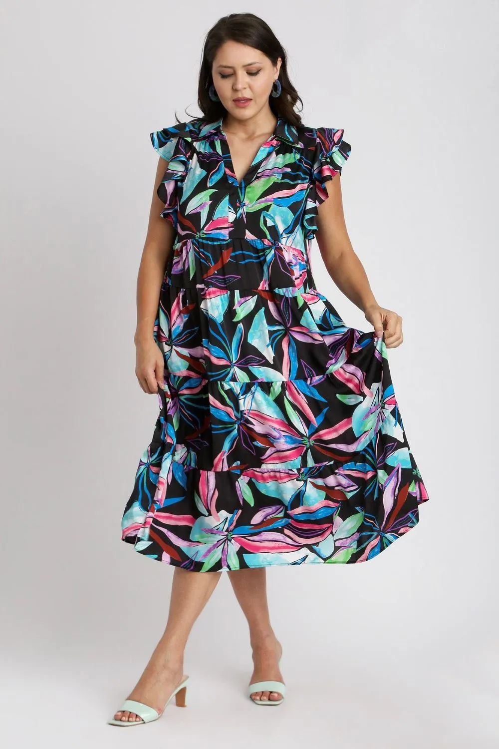Full Size Leaf Print Double Layered Ruffle Sleeve Tiered Midi Dress Plus Size, image 6