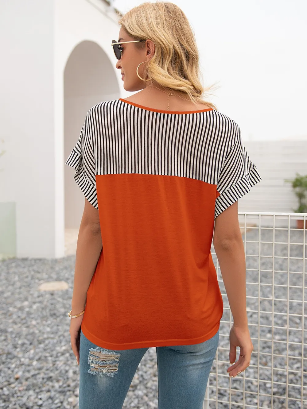 Striped V-Neck Short Sleeve T-Shirt, image 16