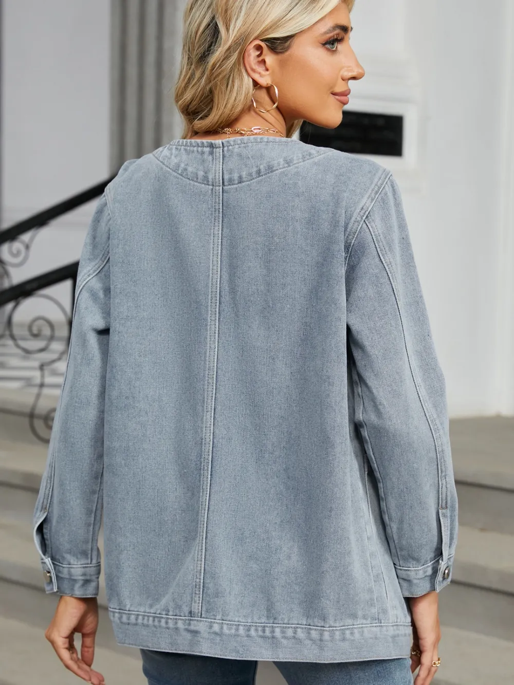 Pocketed V-Neck Button Up Denim Jacket, image 10