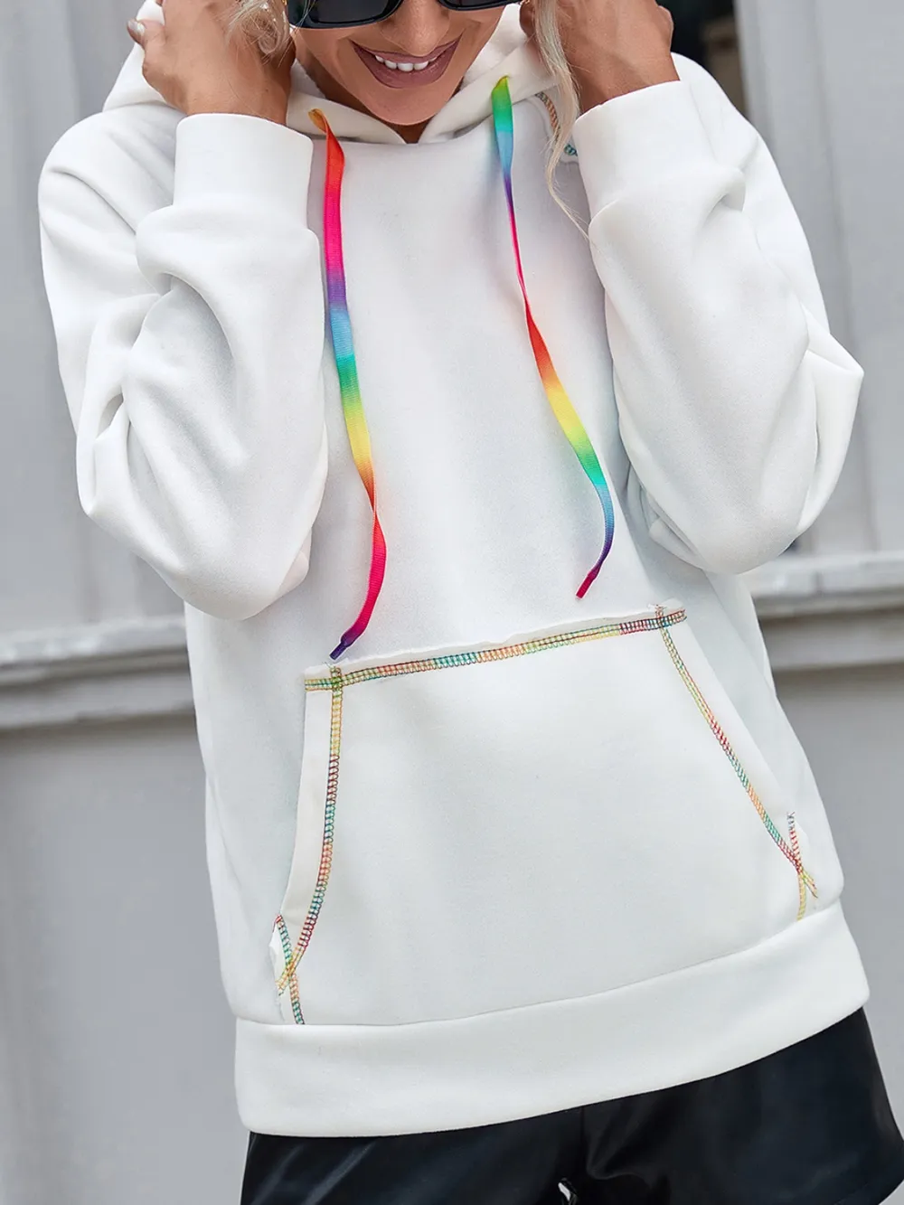 Contrast Stitching Drawstring Raglan Sleeve Hoodie, image 2