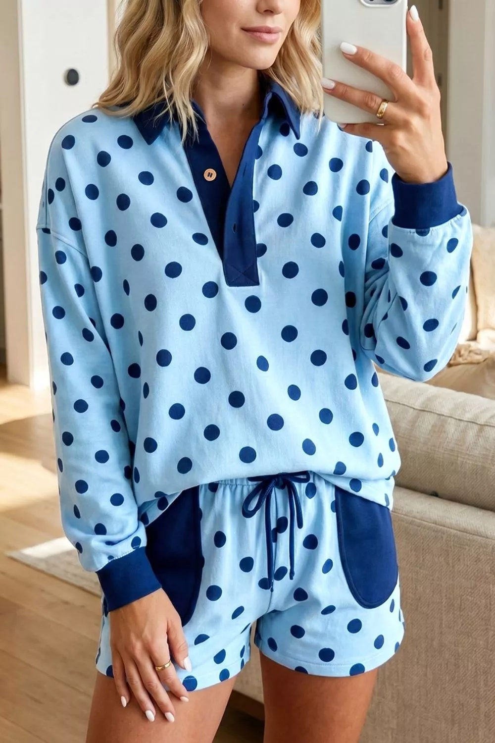 Polka Dot Drop Shoulder Polo Loose Pullover Patch Pocket Casual Shorts Set, image 3