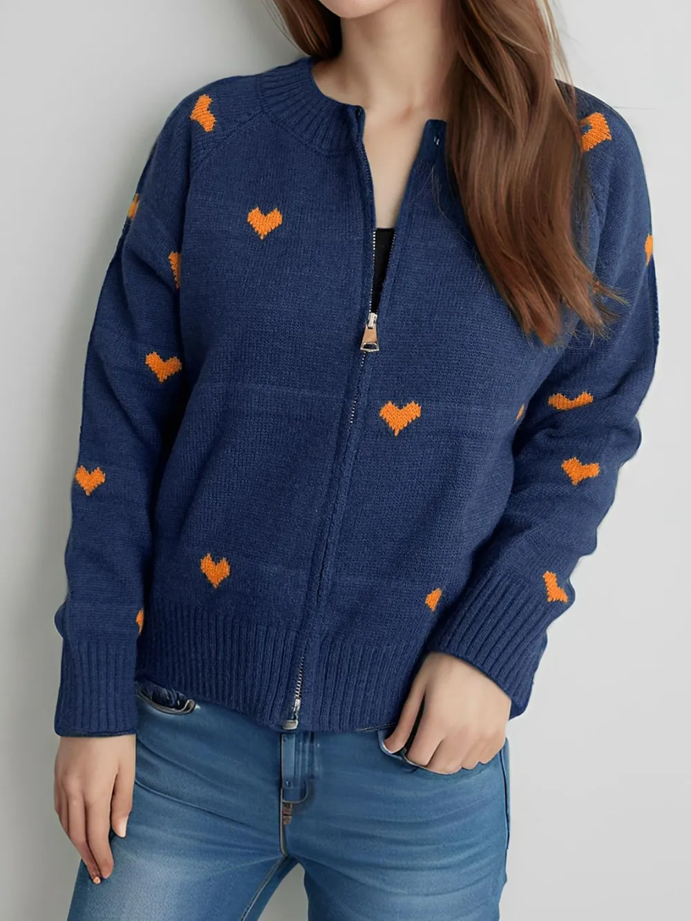 Heart Round Neck Zip Up Cardigan, image 5