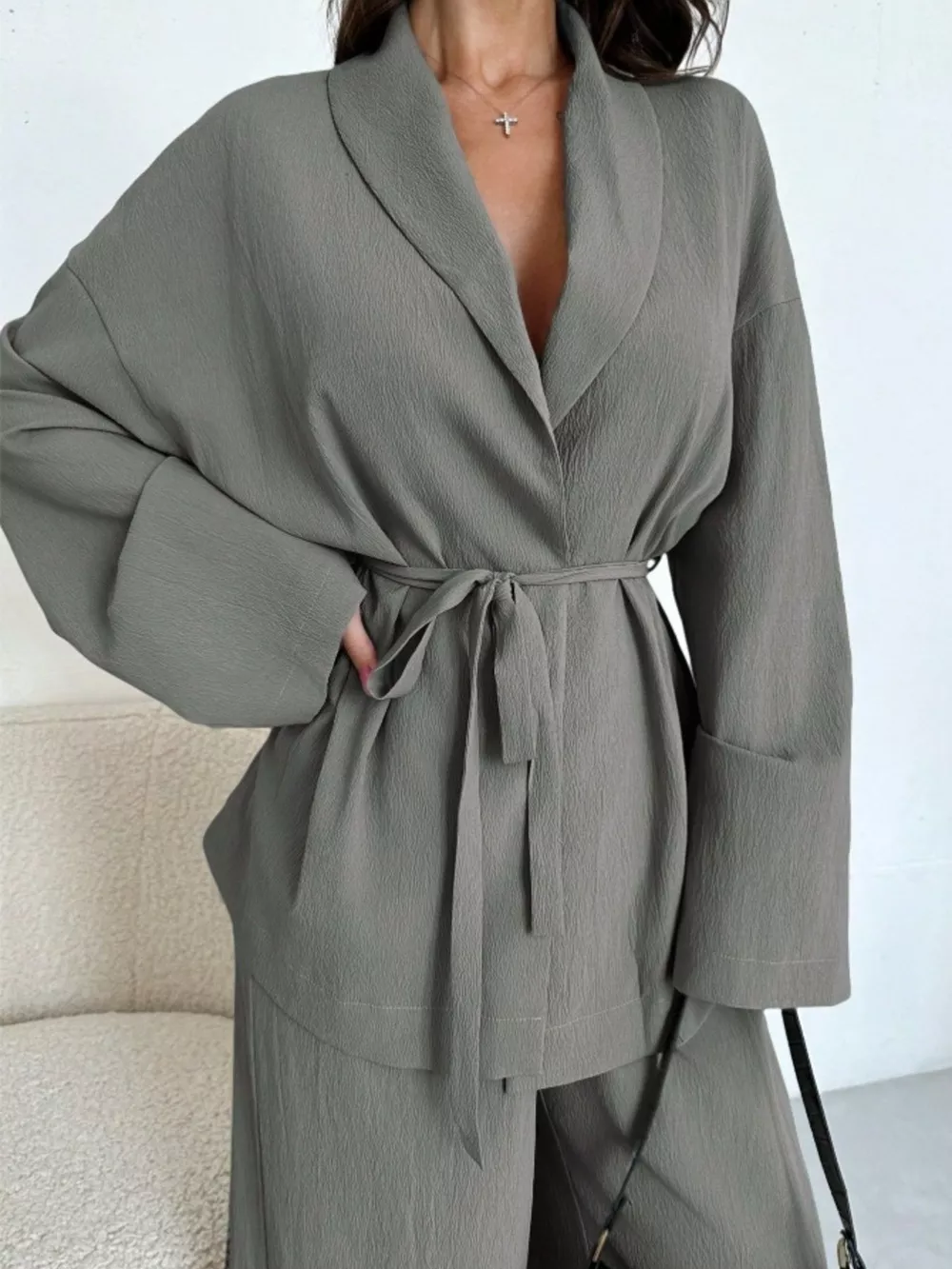 Textured Tie Waist Top and Wide-Leg Pants Set, image 17