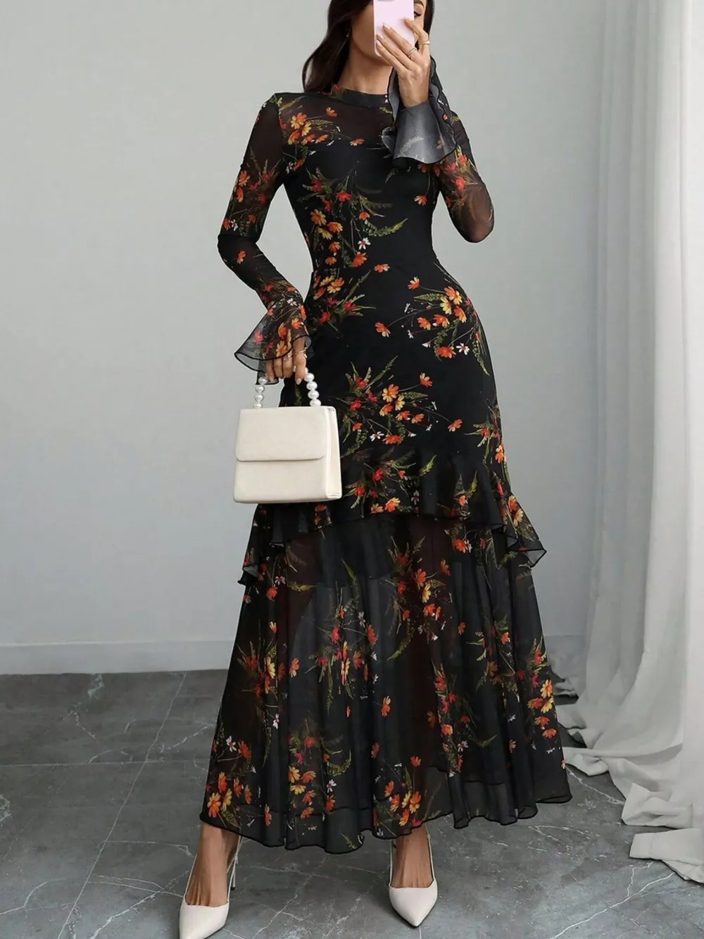 Floral Print Flounce Sleeve Mermaid Maxi Dress, image 5