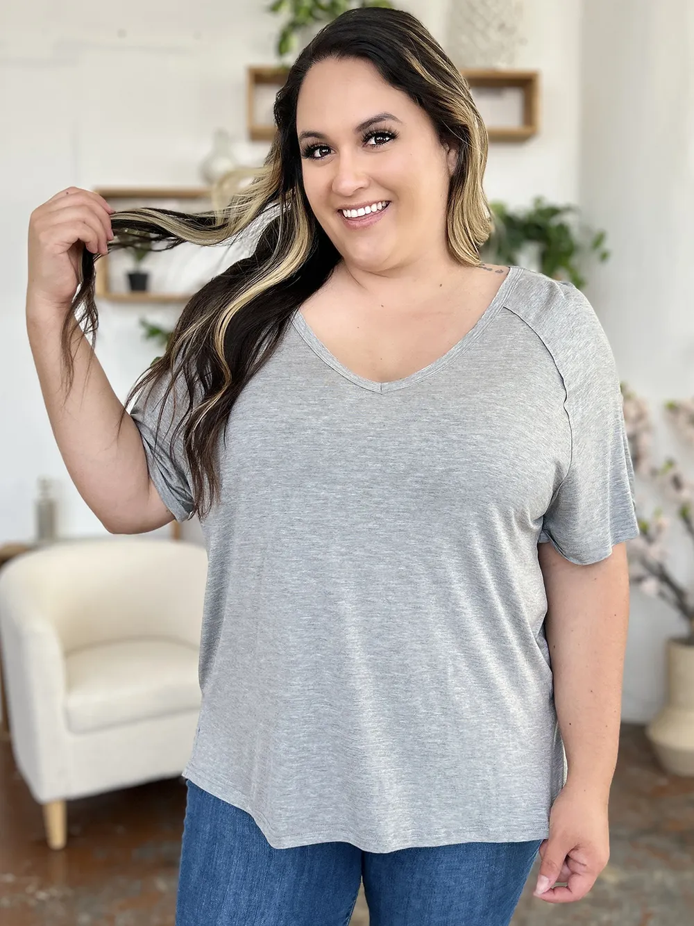 Full Size Bamboo Slit V-Neck Short Sleeve T-Shirt, image 20
