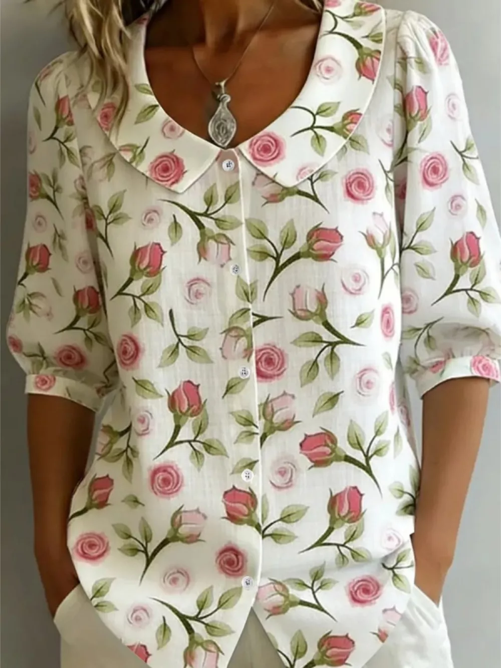Floral Print Peter Pan Collar Shirt, image 2