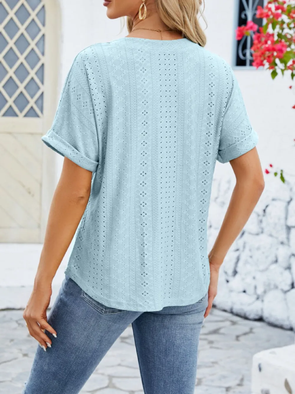Eyelet Notched Short Sleeve Blouse, image 16