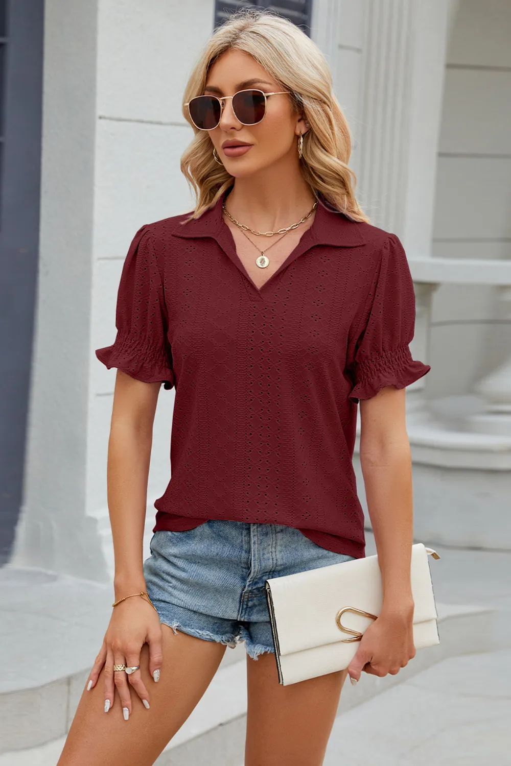 Eyelet Johnny Collar Short Sleeve Blouse, image 22