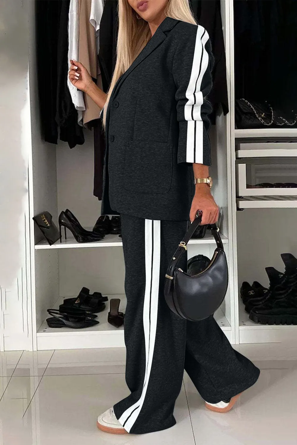Full Size Contrast Lapel Collar Top and Pants Set, image 20