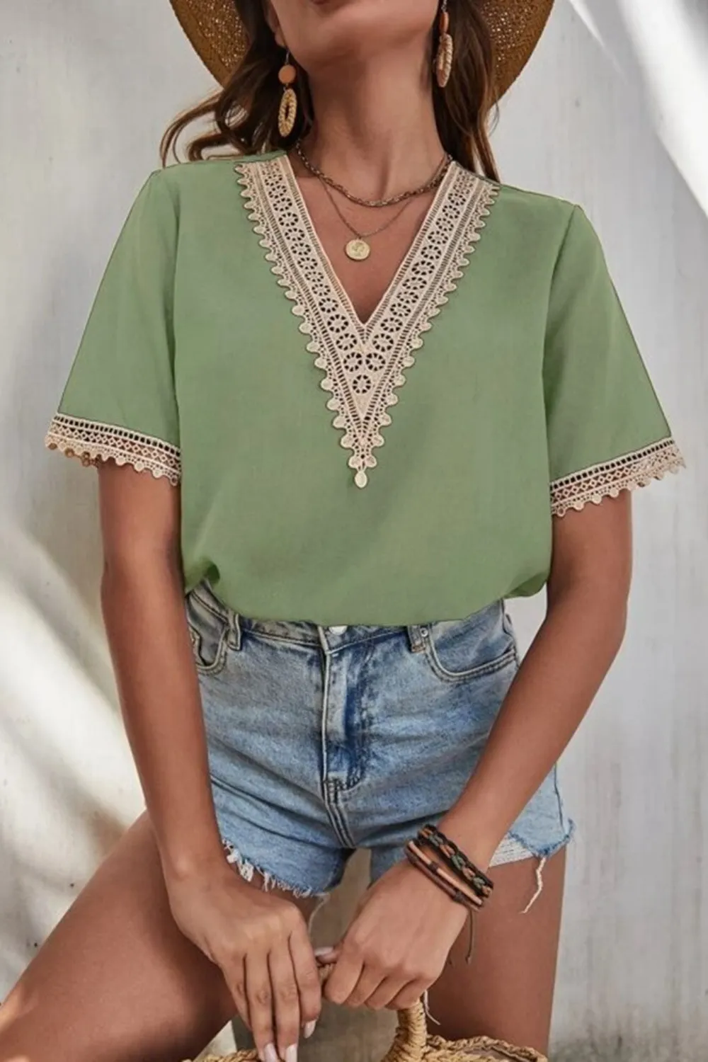 Full Size Lace Detail V-Neck Short Sleeve Blouse Plus Size, image 16