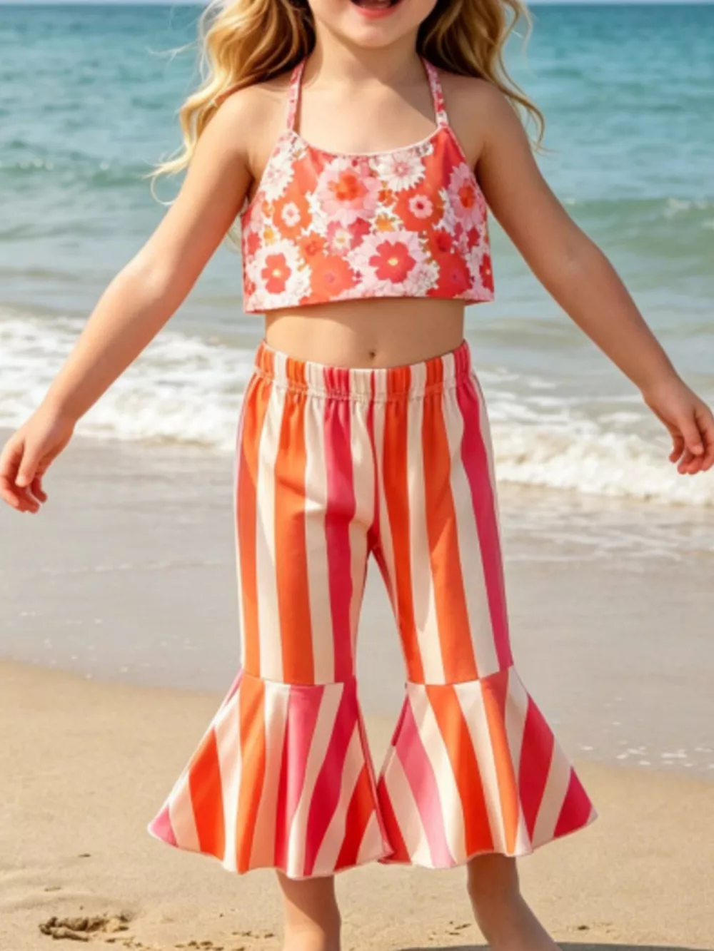 Children's Floral Print Crop Top and Striped Pants Set, image 2