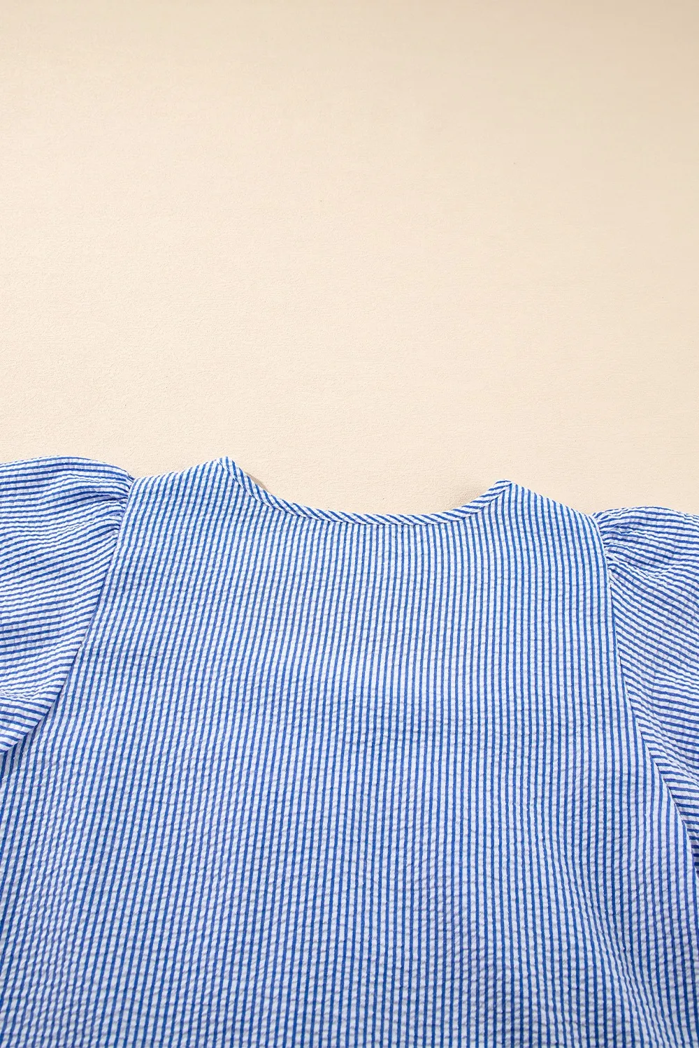 Stripe Textured Ruffle Short Sleeve Boho Detail Square Neck Blouse, image 11