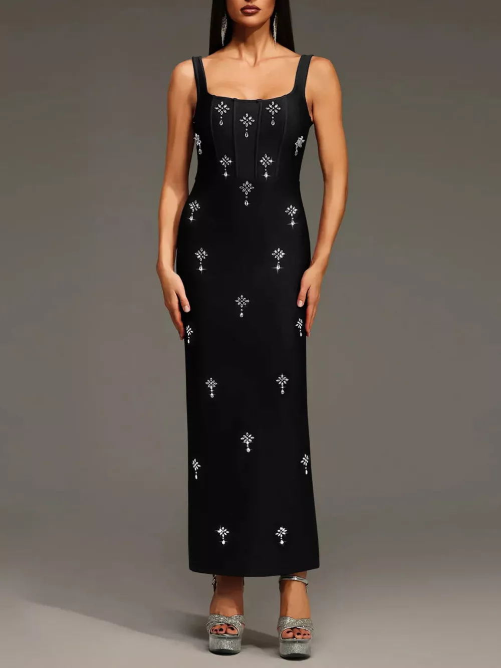 Rhinestone Embellished Bodycon Maxi Dress