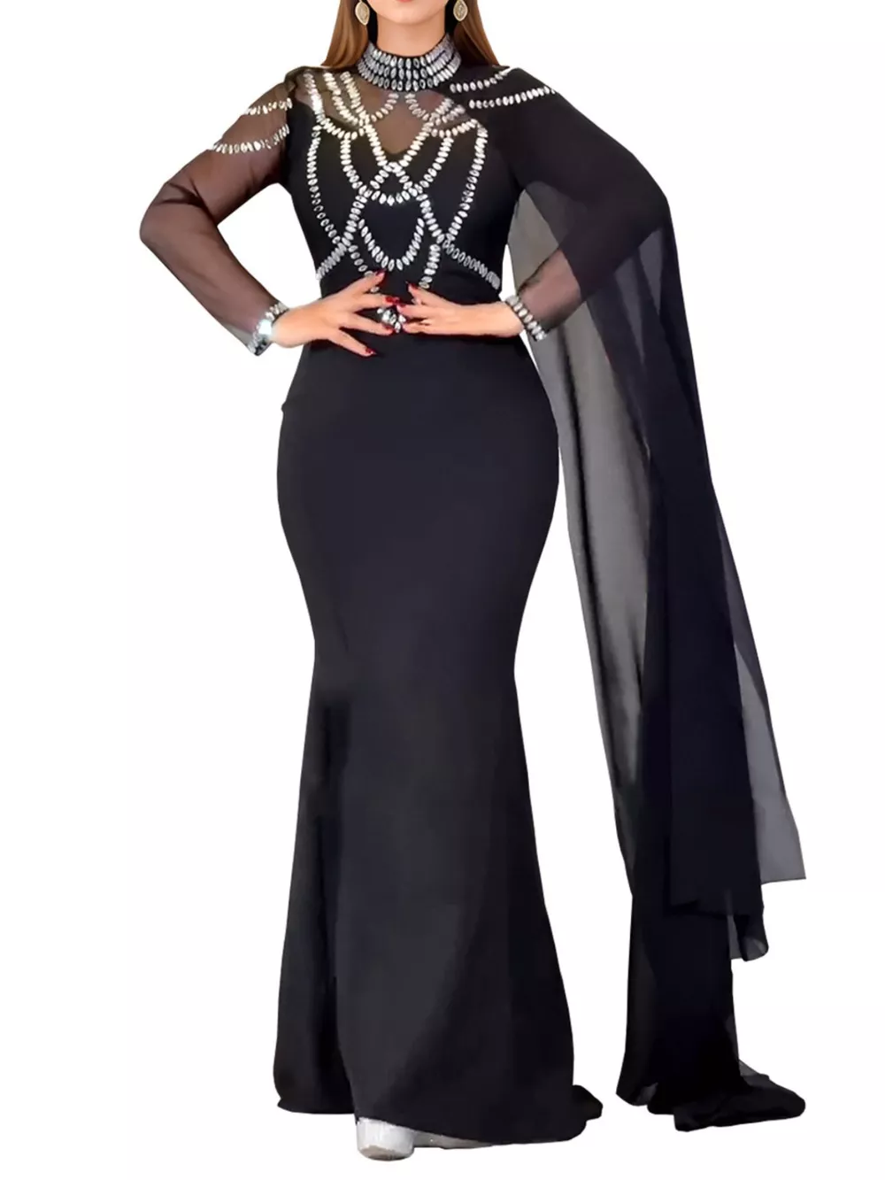 Rhinestone Slit Maxi Dress with Sheer Cape Sleeves, image 4