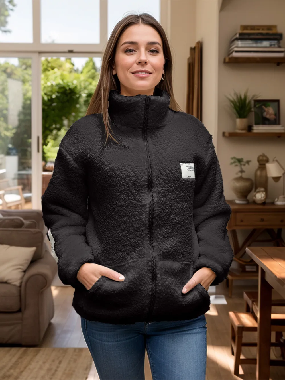 Full Size Turtleneck Zip Up Long Sleeve Sherpa Jacket, image 11