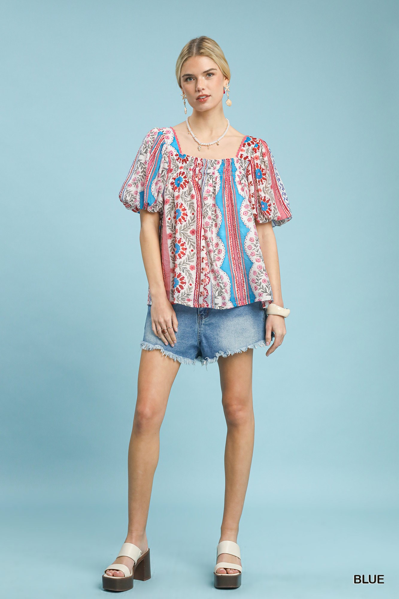 Patchwork Puff Sleeve Smocked Blouse, image 4