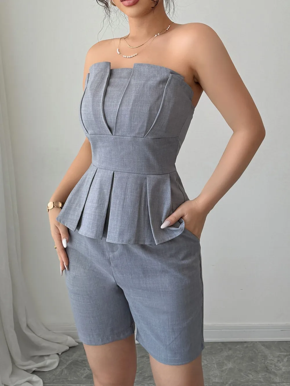 Strapless Peplum Top and Shorts Two-Piece Set, image 2