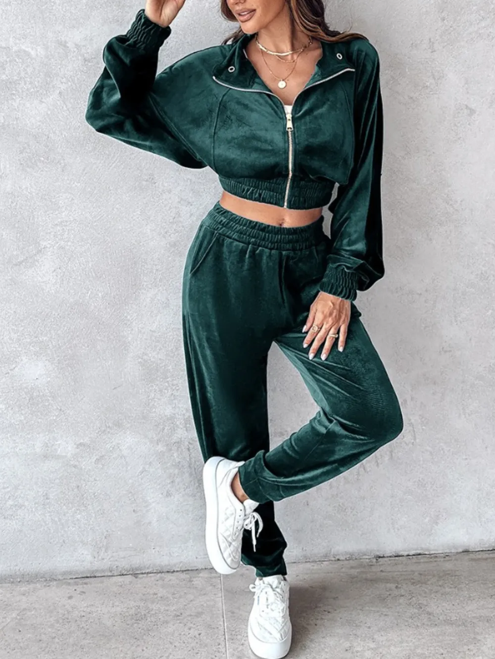 Zip Up Long Sleeve Cropped Top and Joggers Set, image 8