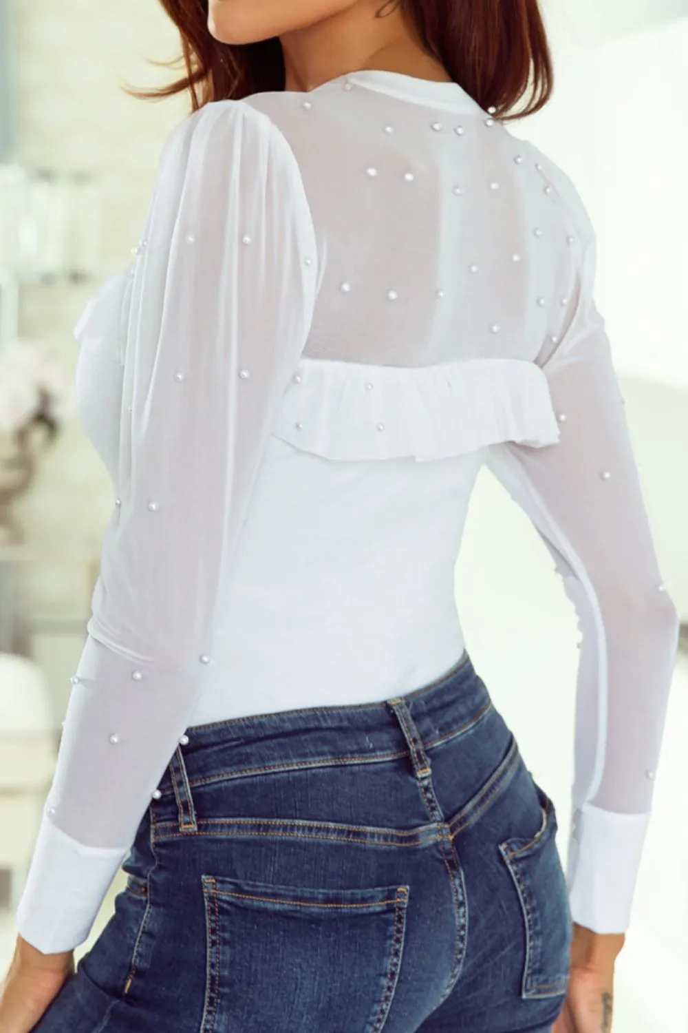 Pearl Decor Mesh Patchwork Ribbed Long Sleeve Top, image 7