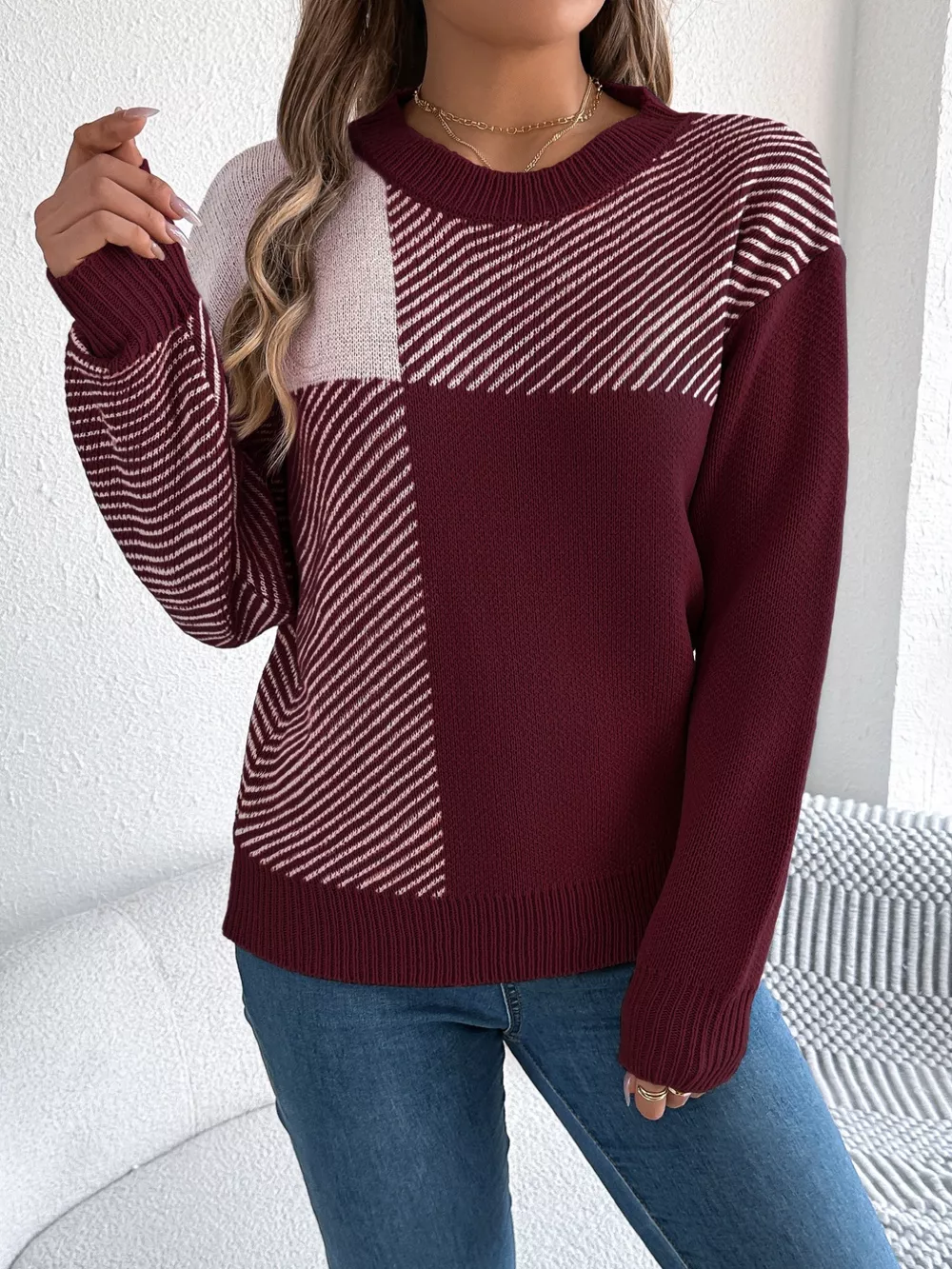 Color Block Striped Round Neck Sweater, image 11