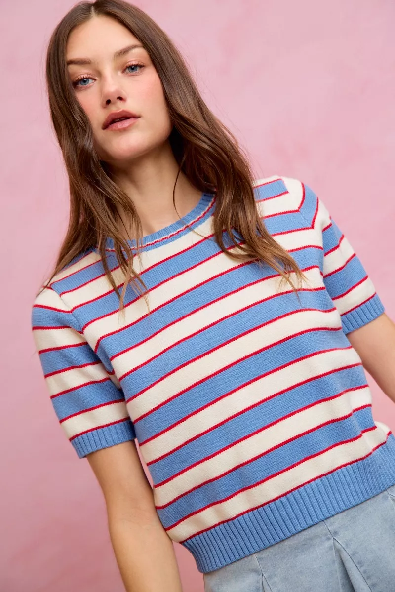 Stripe Knit Crew Neck Short Sleeves Sweater Top, image 5