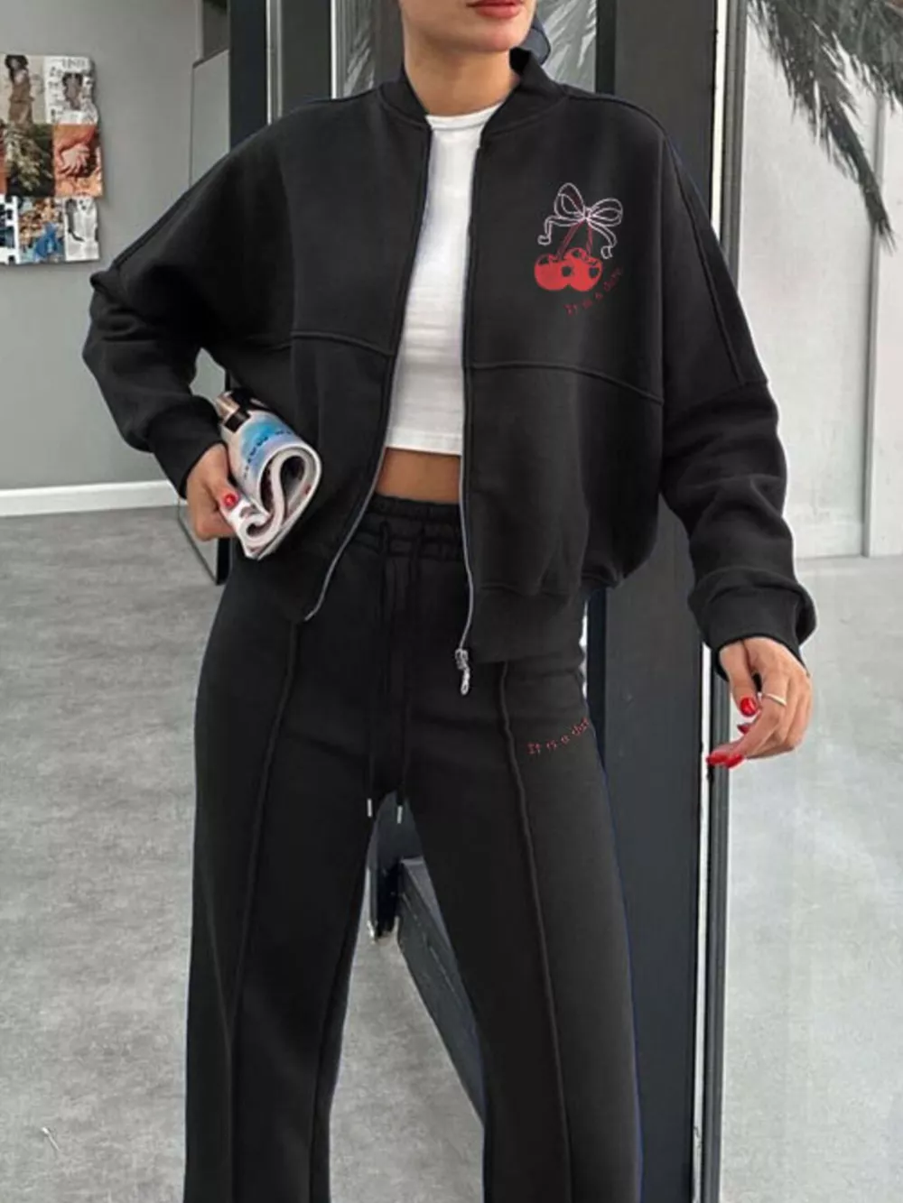 Zip Up Dropped Shoulder Outerwear and Pants Set, image 2