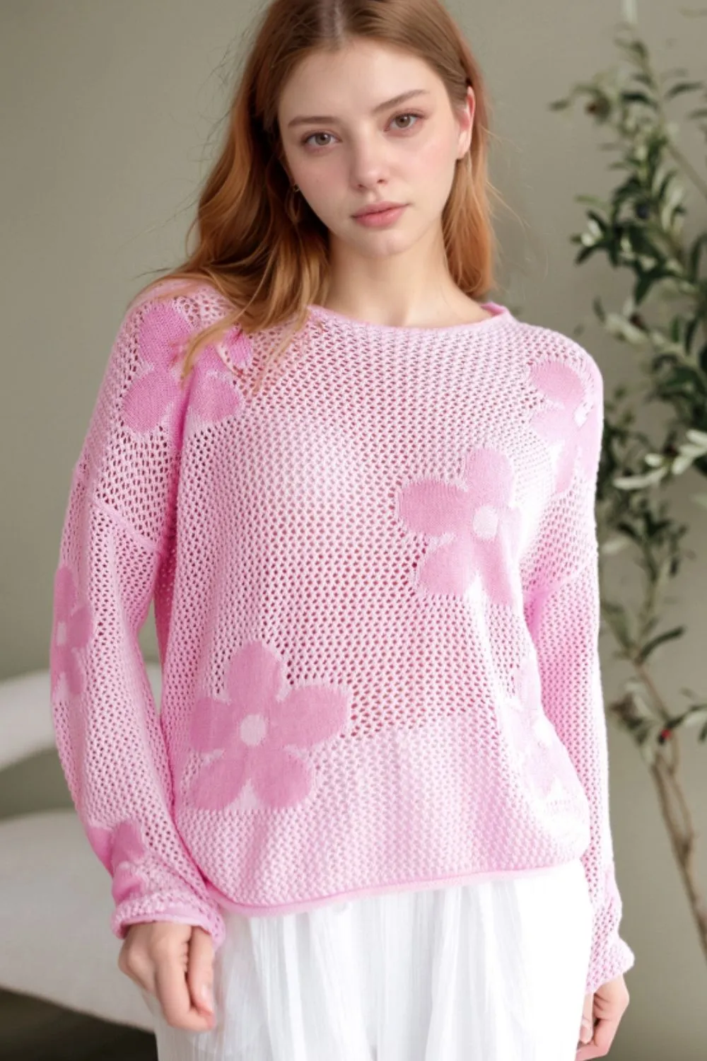 Openwork Round Neck Floral Knit Cover Up, image 16