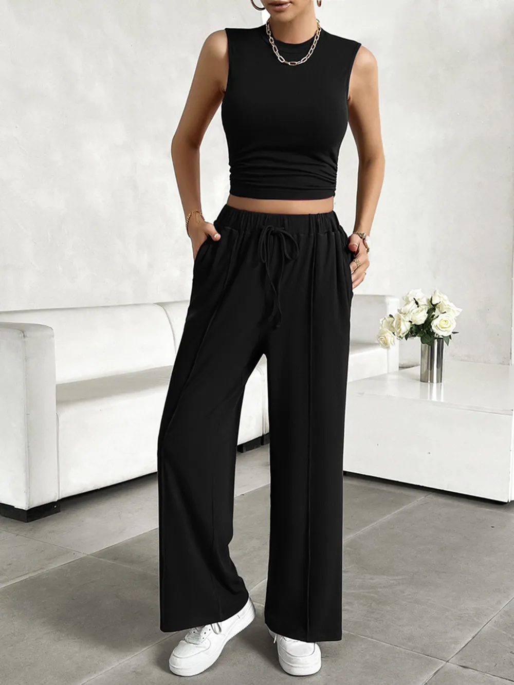 Mock Neck Sleeveless Top and Drawstring Pants Set, image 12