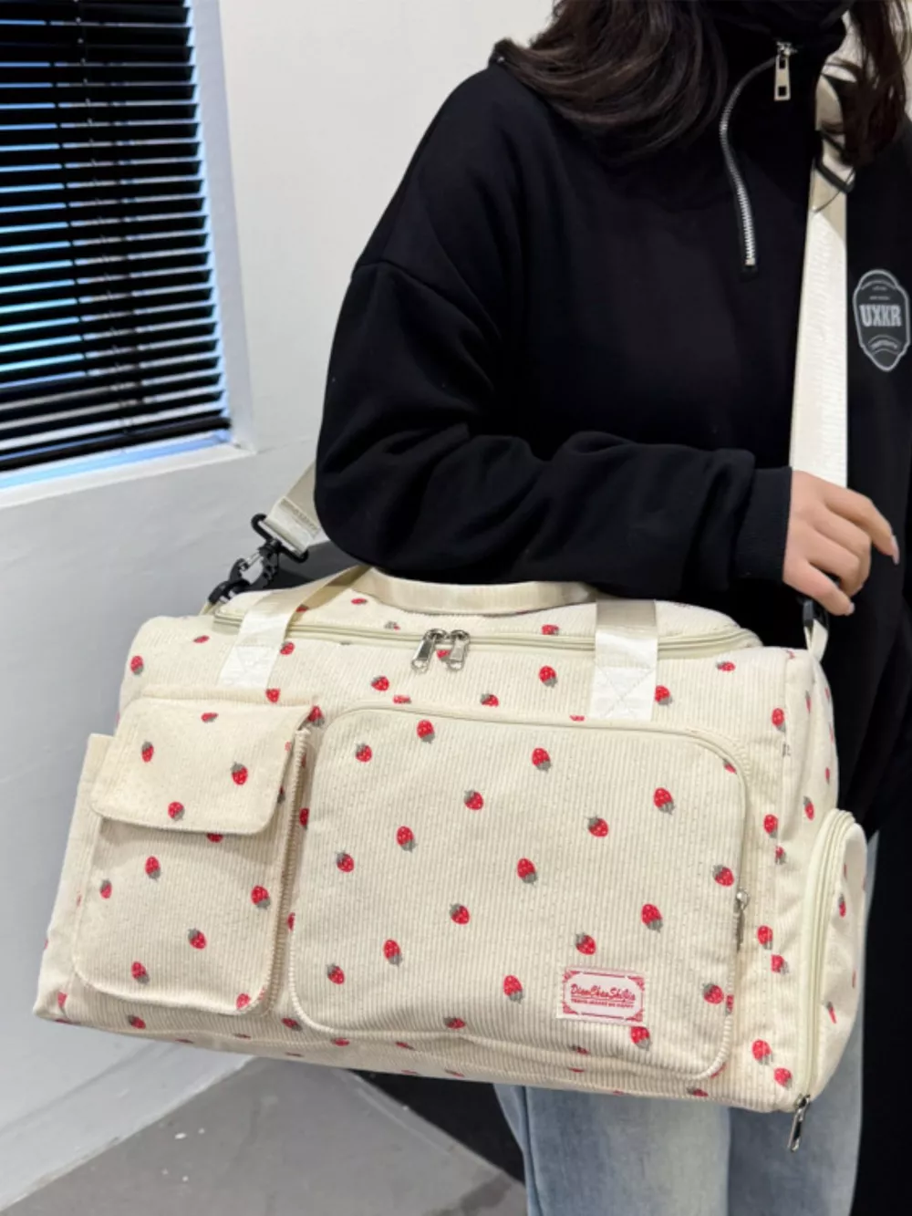 Strawberry Print Corduroy Travel Bag, image 3