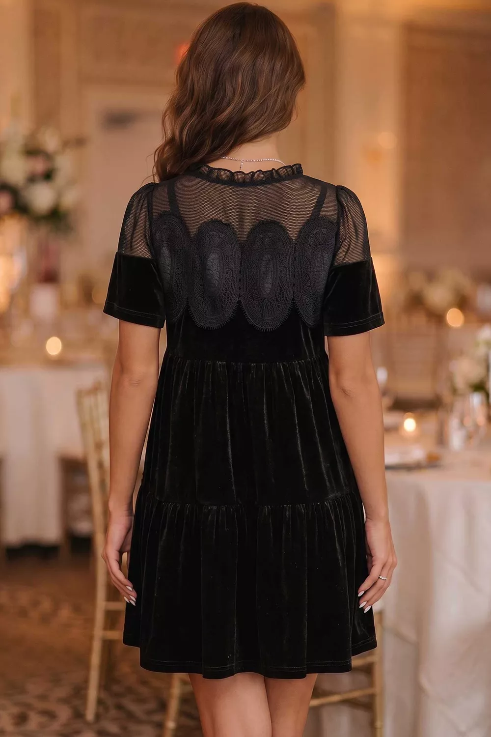 Embroidered Velvet Short Sleeve Mini Shift Dress, image 2