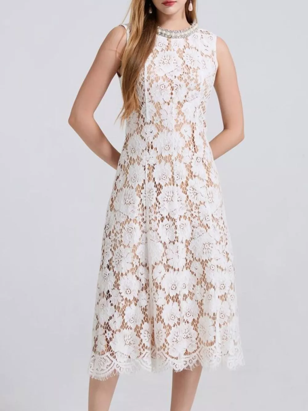 Pearl Neckline Sleeveless Lace Dress, image 3