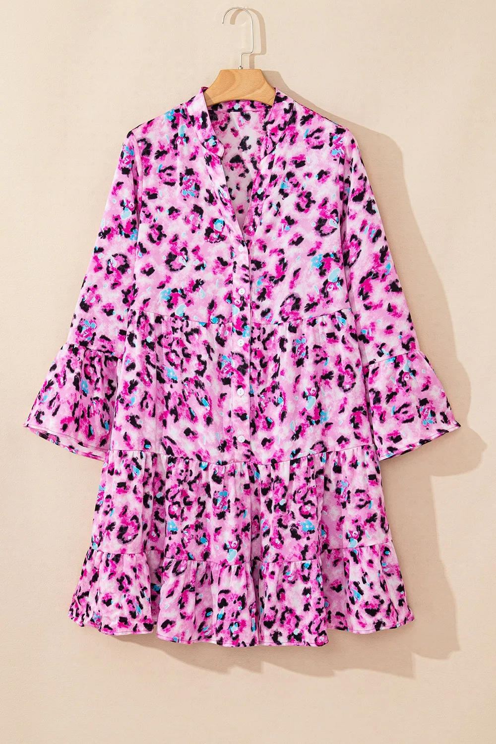 Leopard Print Buttoned Front 3/4 Sleeve Tiered Ruffled Hem Dress, image 19