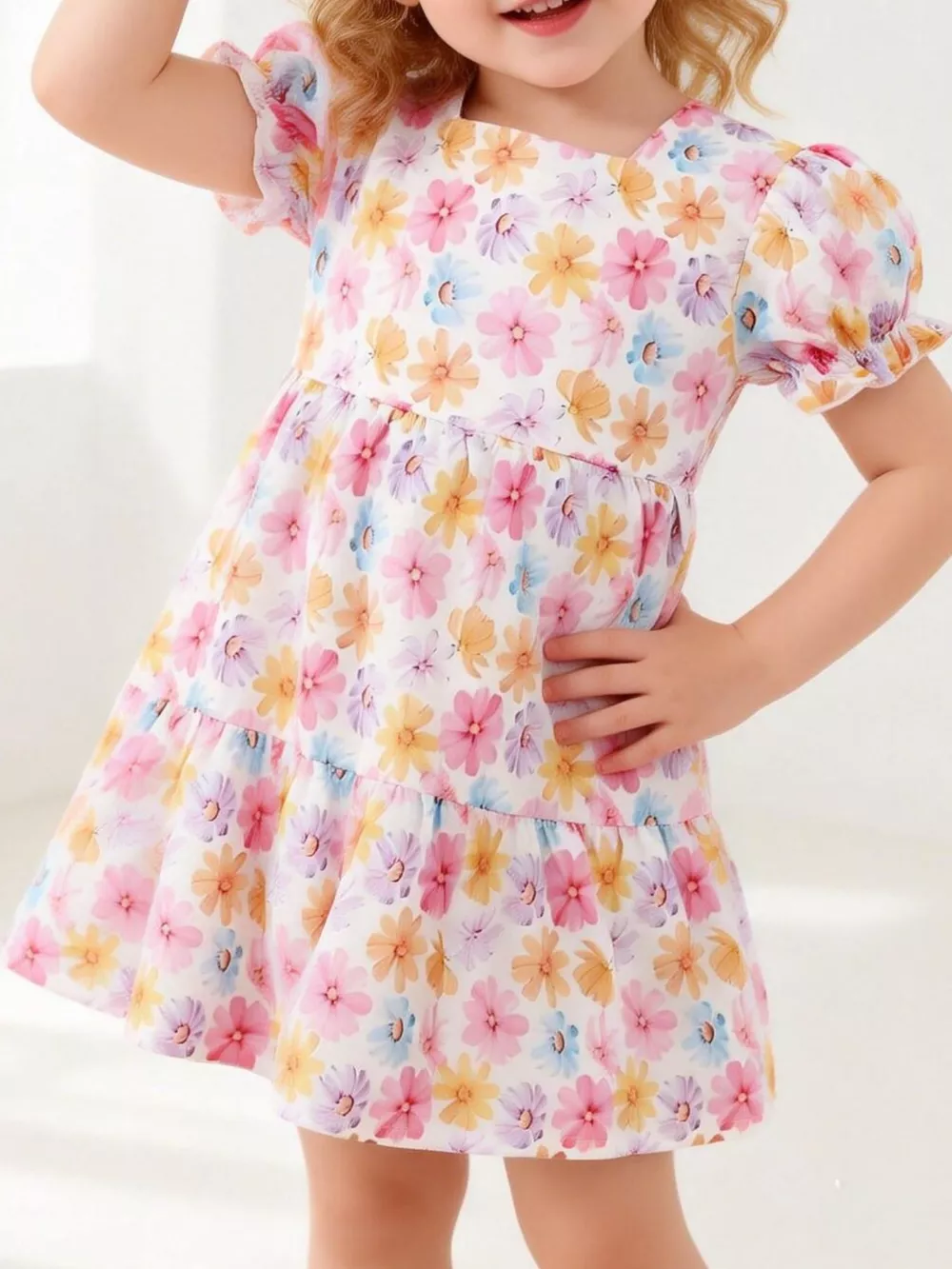 Children's Floral Print Puff Sleeve Ruffle Hem Dress, image 2
