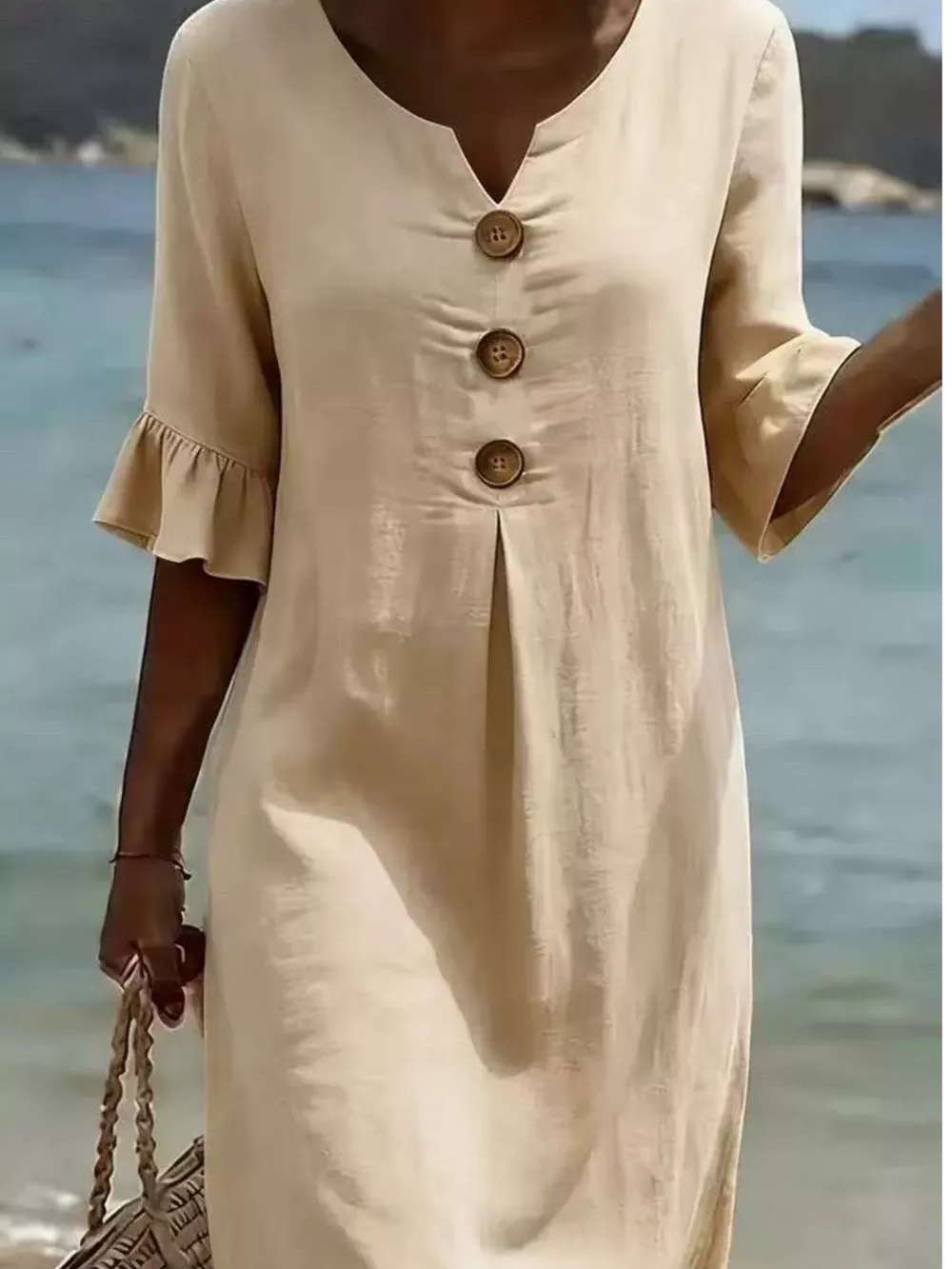 Full Size Decorative Button Ruffle Half Sleeve Dress Plus Size, image 19