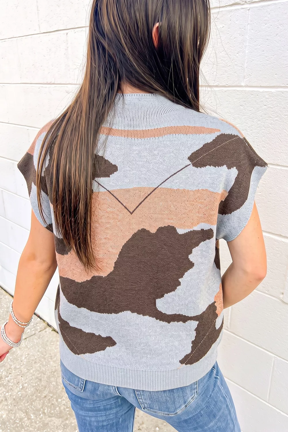 Camouflage Pattern Drop Shoulder High Neck Short Sleeve Shift Sweater, image 2