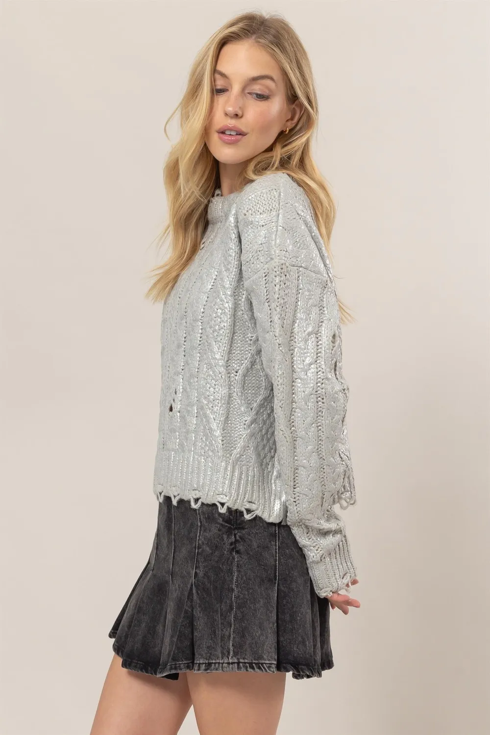 Distressed Cable-Knit Round Neck Long Sleeve Sweater, image 3