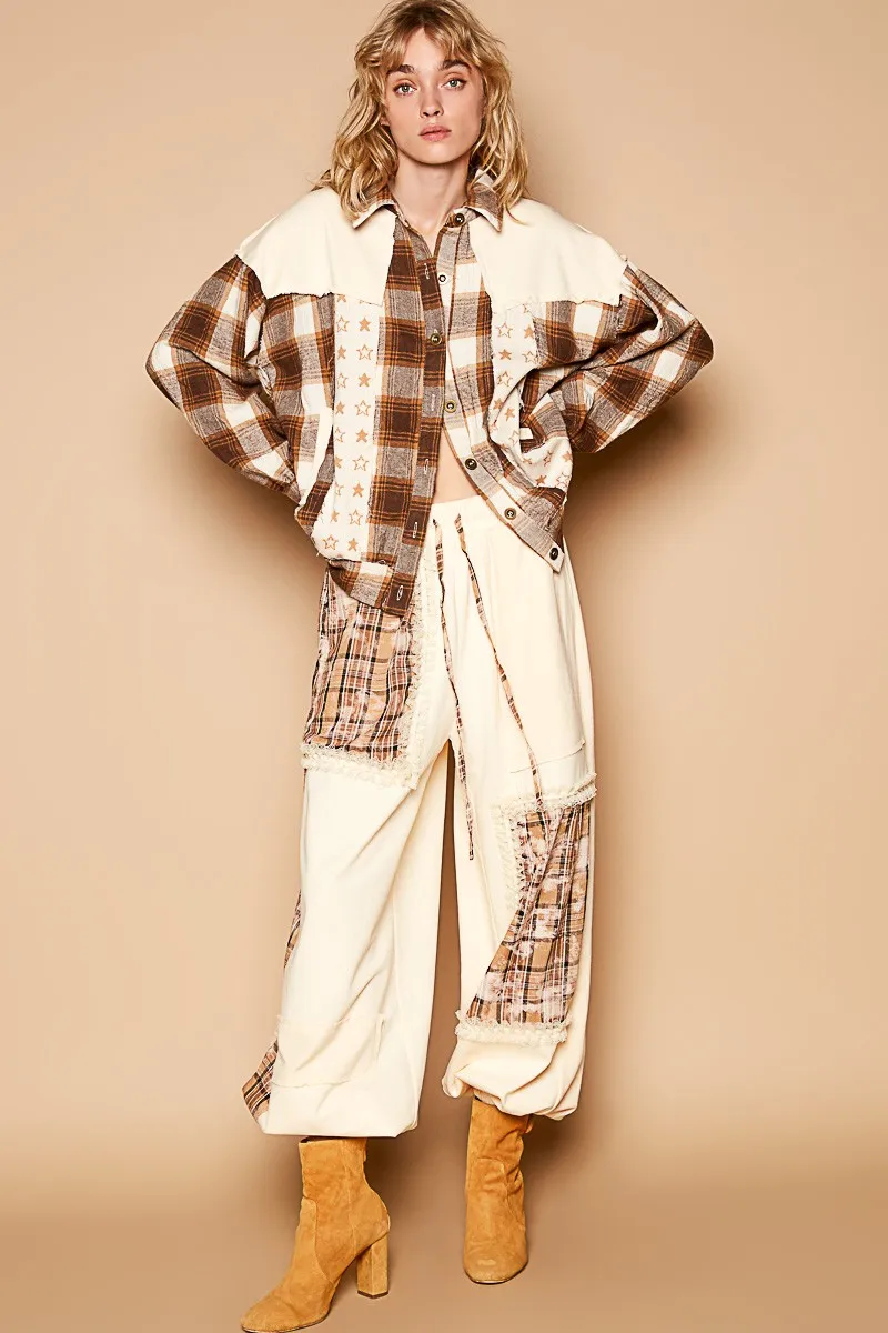 Plaid & Star Patchwork Contrast Long Sleeve Shacket, image 5