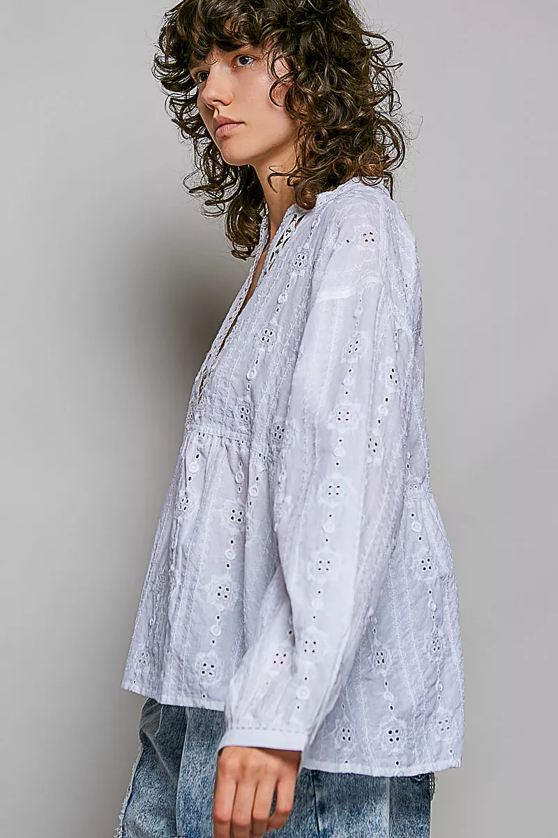 POL Lace Eyelet Long Sleeve Cotton Blouse, image 2