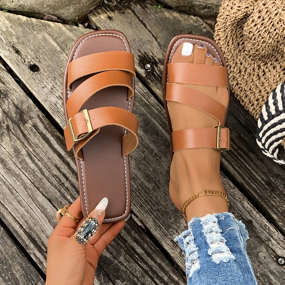 Open Toe Buckle Flat Sandals, image 3