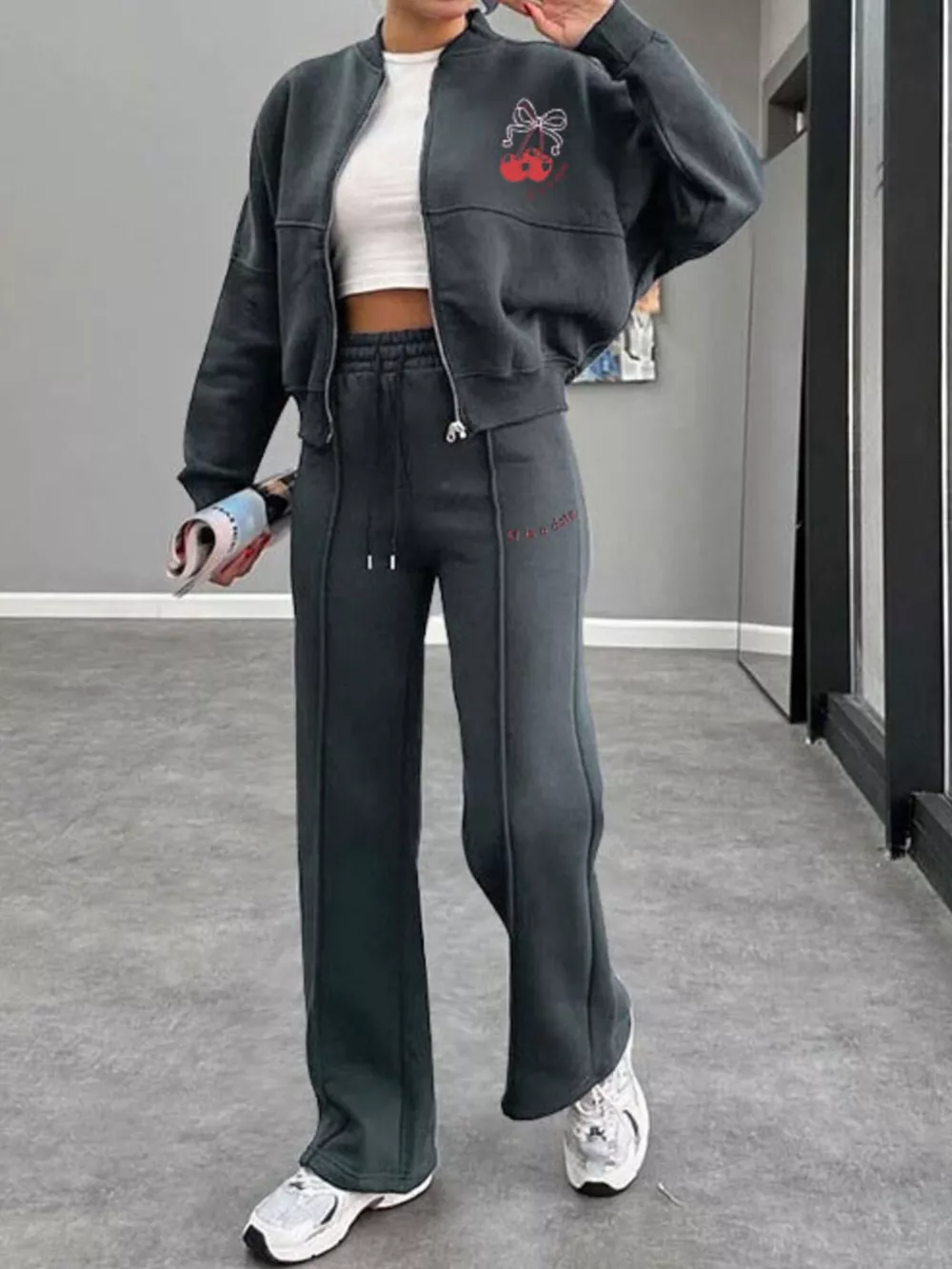 Zip Up Dropped Shoulder Outerwear and Pants Set, image 16