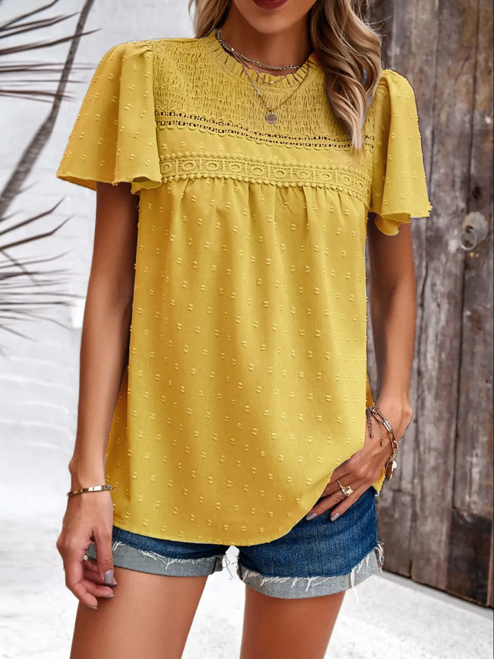 Swiss Dot Smocked Round Neck Short Sleeve Blouse, image 14