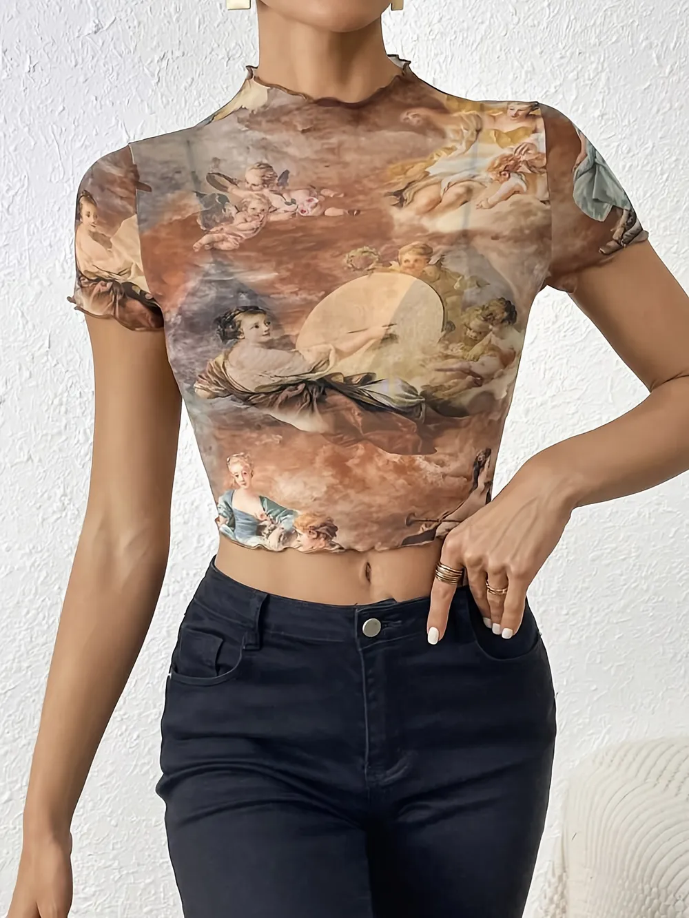 Abstract Print Ruffled Mock Neck Crop T-Shirt, image 20