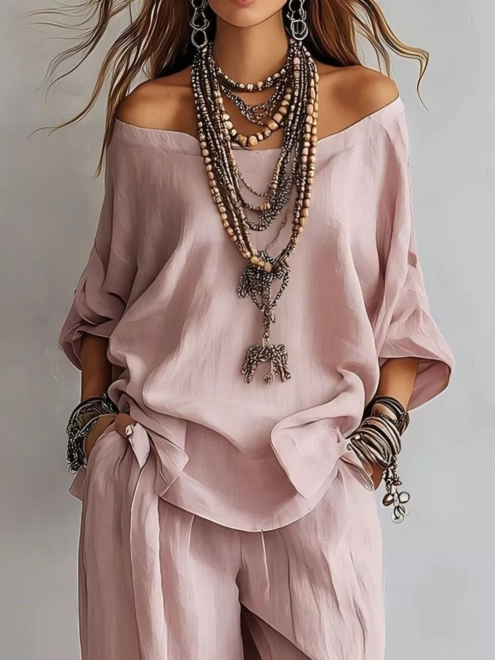 Off-Shoulder Loose Fit Top and Pants Two-Piece Set, image 3