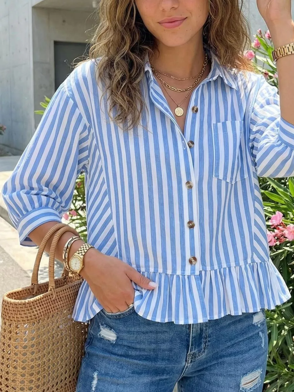 Striped Ruffle Hem Button-Down Shirt, image 2