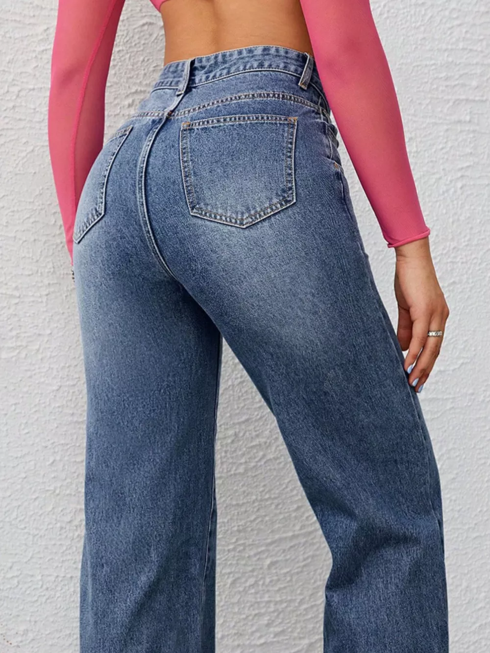 High-Waisted Wide-Leg Washed Jeans, image 3