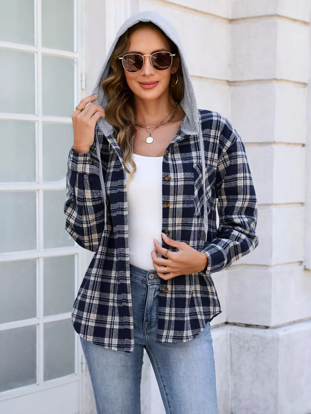 Hooded Plaid Button-Up Shacket, image 3